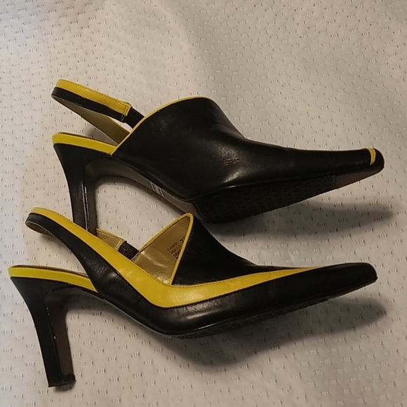 Unique leather black slingback heels with yellow trim. Made by Bellini - Picture 2 of 5
